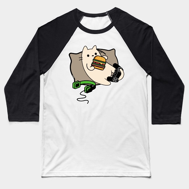 Gamer cat eating hamburger game loading Baseball T-Shirt by GlanceCat